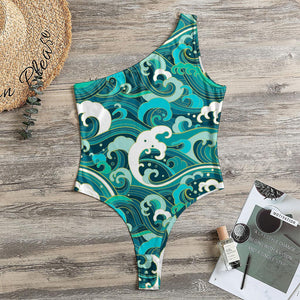 Deep Sea Wave Surfing Pattern Print One Shoulder Bodysuit