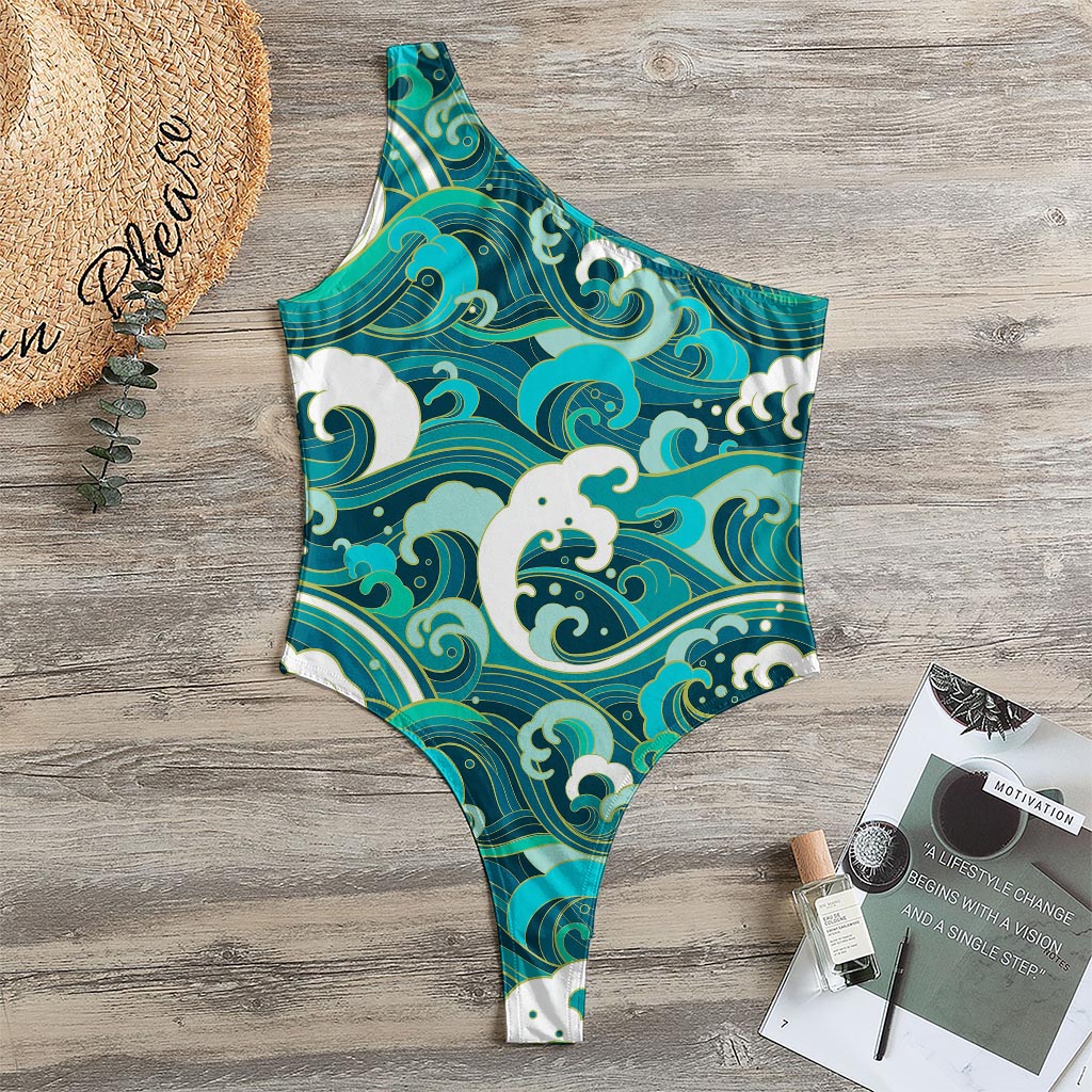 Deep Sea Wave Surfing Pattern Print One Shoulder Bodysuit