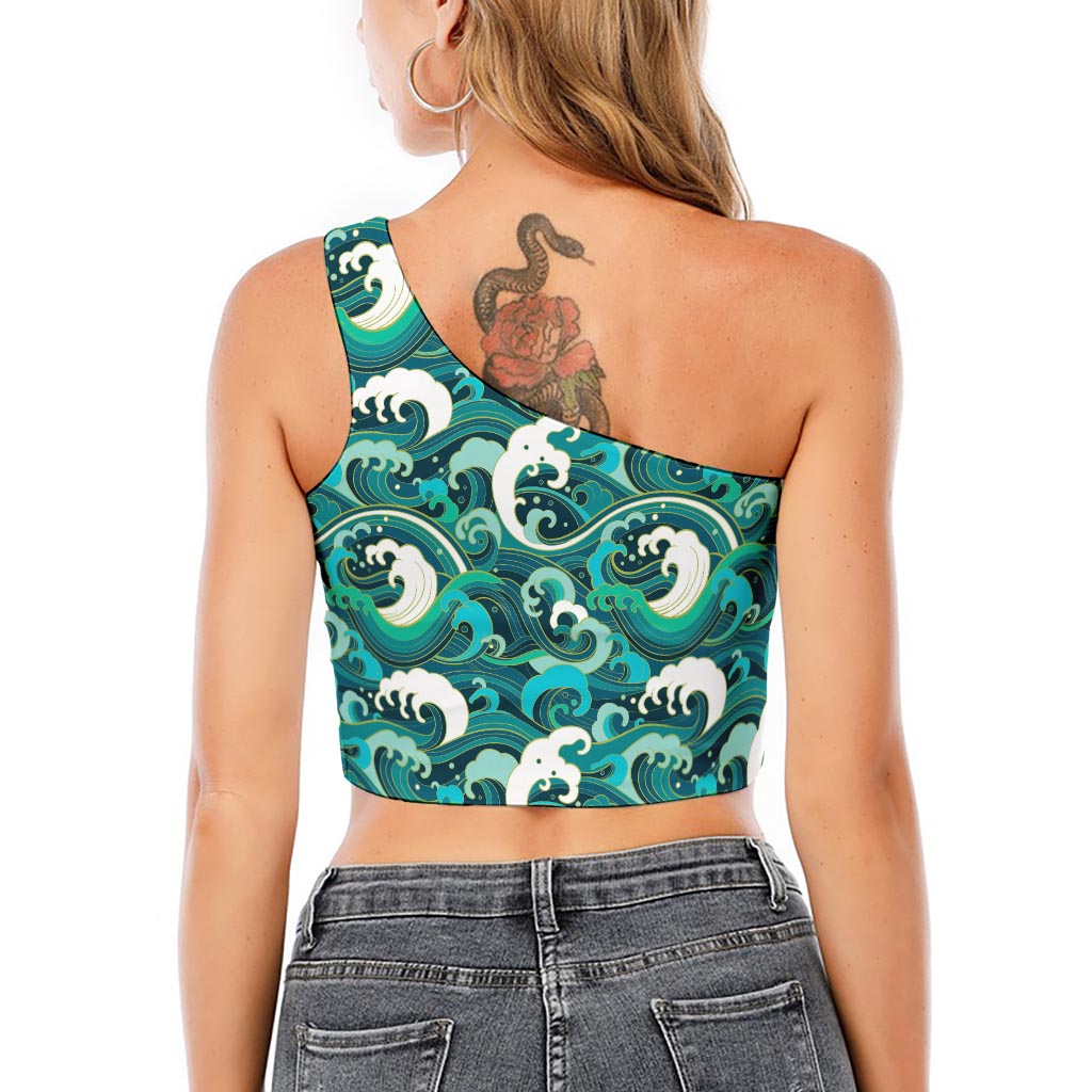 Deep Sea Wave Surfing Pattern Print One Shoulder Crop Top