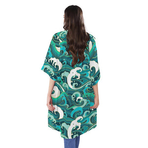 Deep Sea Wave Surfing Pattern Print Open Front Beach Cover Up