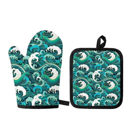 Deep Sea Wave Surfing Pattern Print Oven Mitt And Pot Holder Set