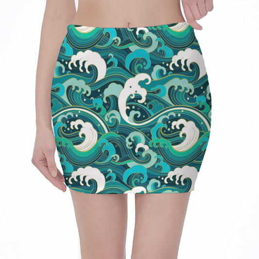 Deep Sea Wave Surfing Pattern Print Pencil Mini Skirt