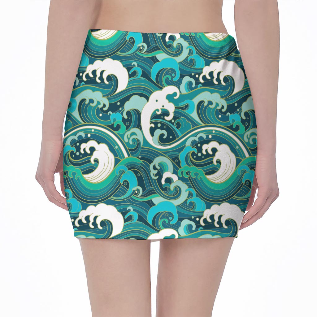 Deep Sea Wave Surfing Pattern Print Pencil Mini Skirt