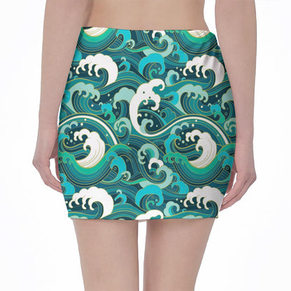 Deep Sea Wave Surfing Pattern Print Pencil Mini Skirt