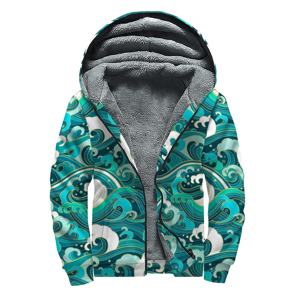 Deep Sea Wave Surfing Pattern Print Sherpa Lined Zip Up Hoodie