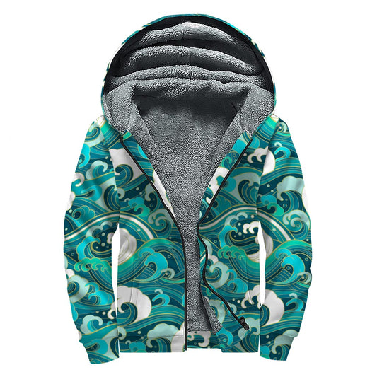Deep Sea Wave Surfing Pattern Print Sherpa Lined Zip Up Hoodie