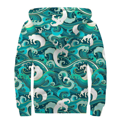 Deep Sea Wave Surfing Pattern Print Sherpa Lined Zip Up Hoodie