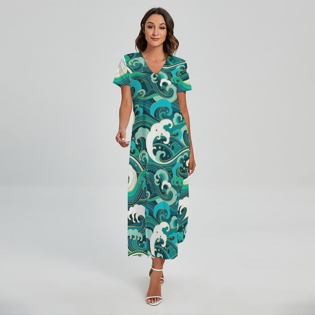 Deep Sea Wave Surfing Pattern Print Short Sleeve Maxi Dress