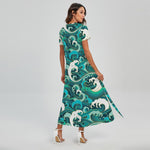 Deep Sea Wave Surfing Pattern Print Short Sleeve Maxi Dress