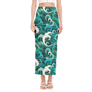 Deep Sea Wave Surfing Pattern Print Side Slit Maxi Skirt