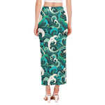 Deep Sea Wave Surfing Pattern Print Side Slit Maxi Skirt