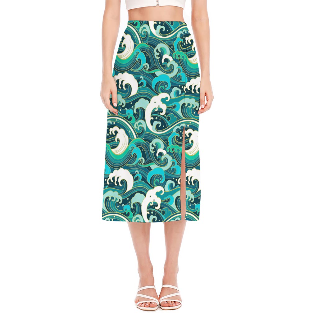 Deep Sea Wave Surfing Pattern Print Side Slit Midi Skirt