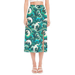 Deep Sea Wave Surfing Pattern Print Side Slit Midi Skirt