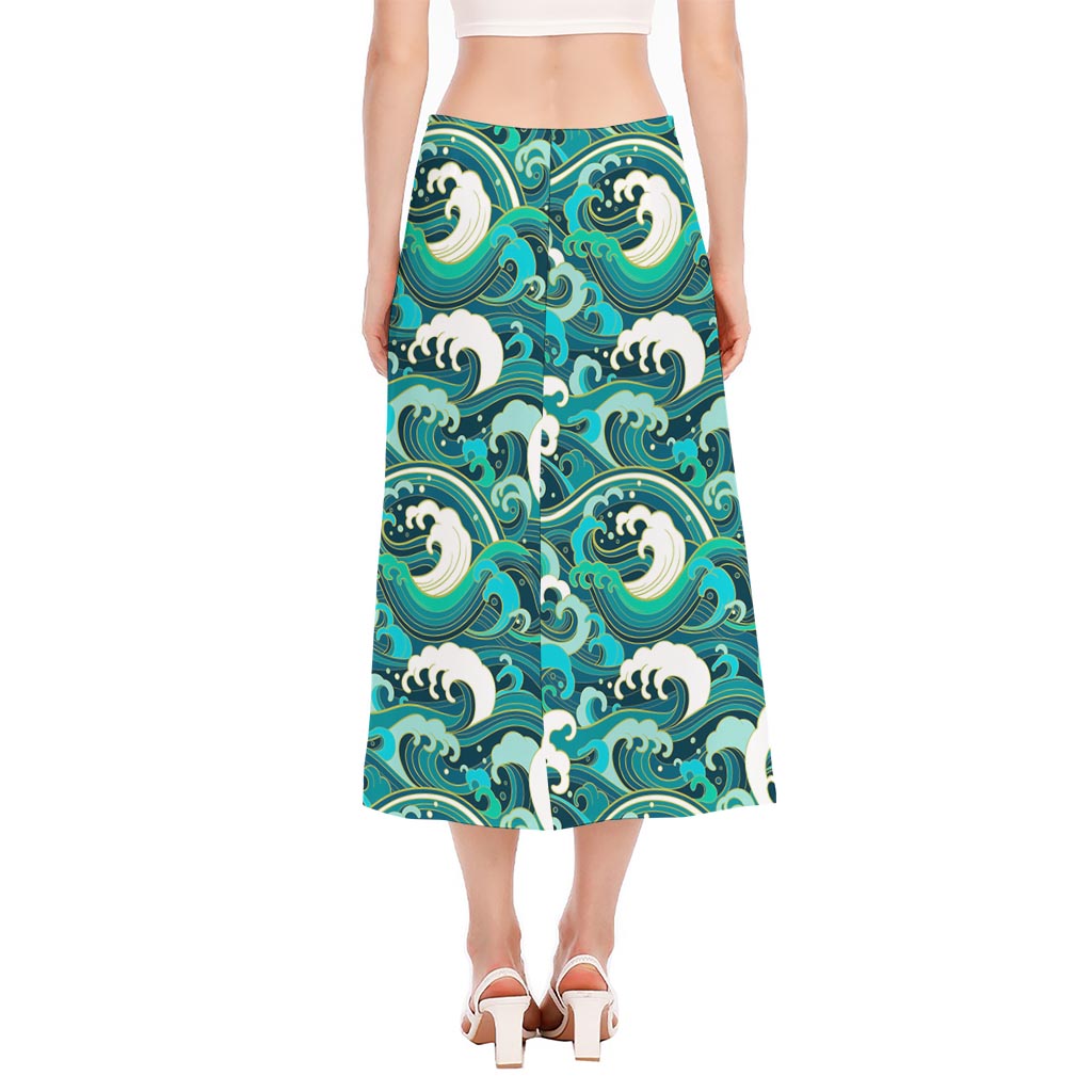 Deep Sea Wave Surfing Pattern Print Side Slit Midi Skirt