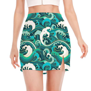 Deep Sea Wave Surfing Pattern Print Side Slit Mini Skirt