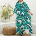 Deep Sea Wave Surfing Pattern Print Silk V-Neck Kaftan Dress