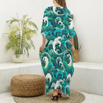 Deep Sea Wave Surfing Pattern Print Silk V-Neck Kaftan Dress