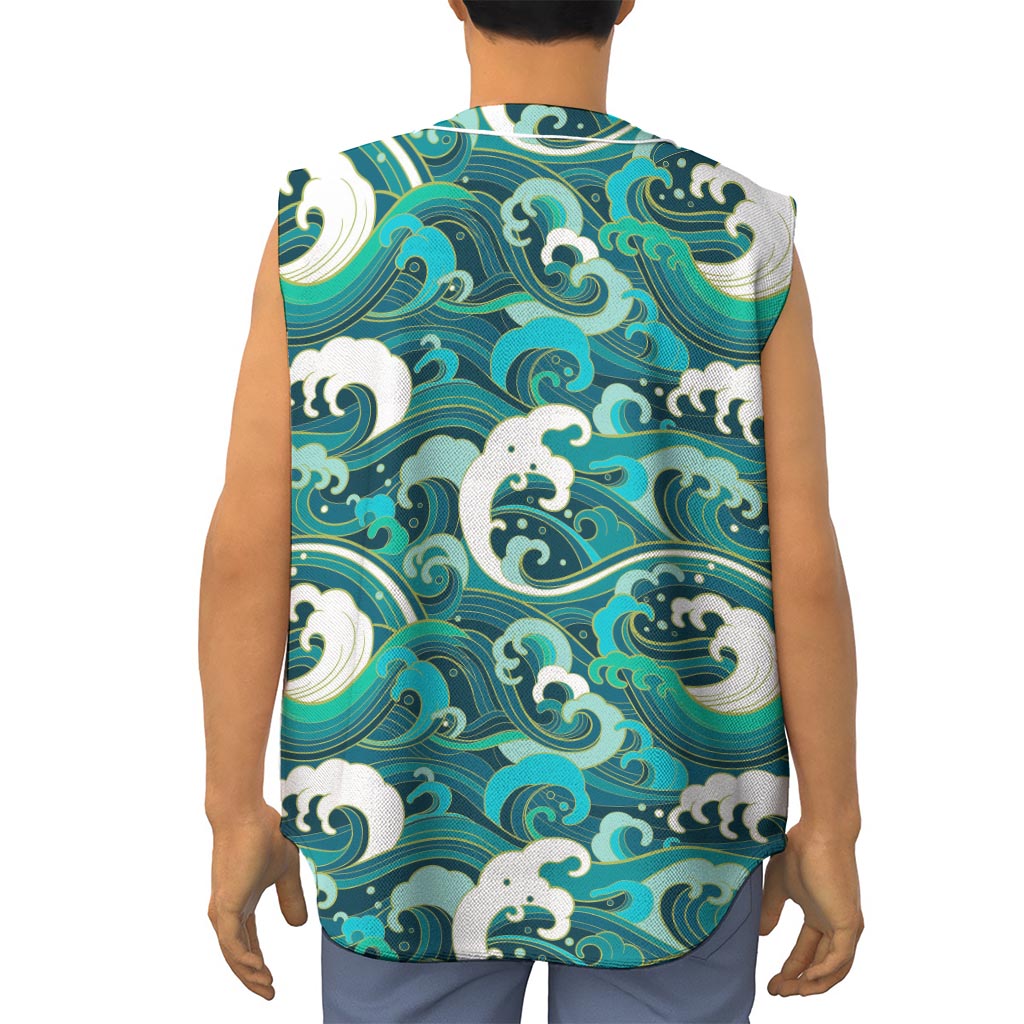 Deep Sea Wave Surfing Pattern Print Sleeveless Baseball Jersey