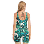 Deep Sea Wave Surfing Pattern Print Sleeveless One Piece Swimsuit