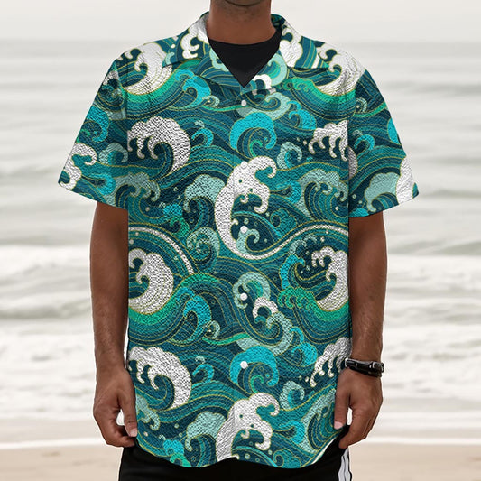 Deep Sea Wave Surfing Pattern Print Textured Short Sleeve Shirt