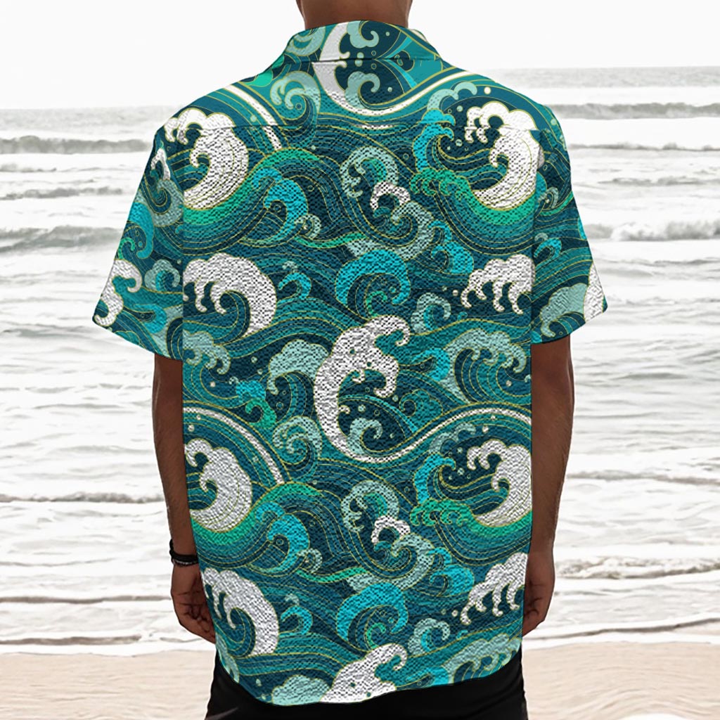 Deep Sea Wave Surfing Pattern Print Textured Short Sleeve Shirt