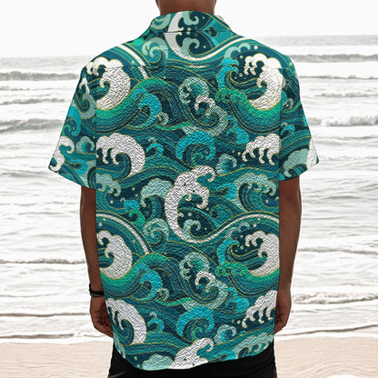 Deep Sea Wave Surfing Pattern Print Textured Short Sleeve Shirt