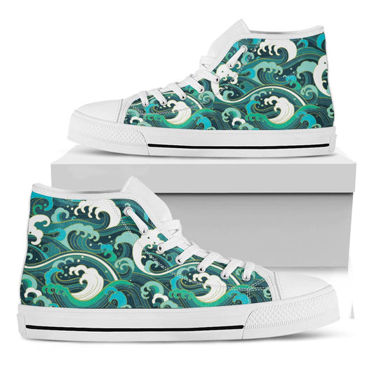 Deep Sea Wave Surfing Pattern Print White High Top Sneakers