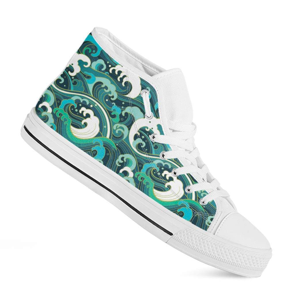 Deep Sea Wave Surfing Pattern Print White High Top Sneakers