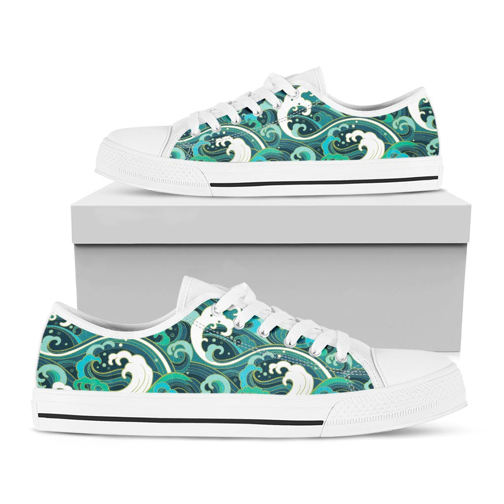 Deep Sea Wave Surfing Pattern Print White Low Top Sneakers