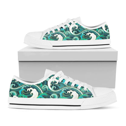 Deep Sea Wave Surfing Pattern Print White Low Top Sneakers