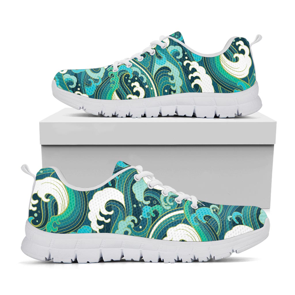 Deep Sea Wave Surfing Pattern Print White Running Shoes