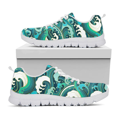 Deep Sea Wave Surfing Pattern Print White Running Shoes