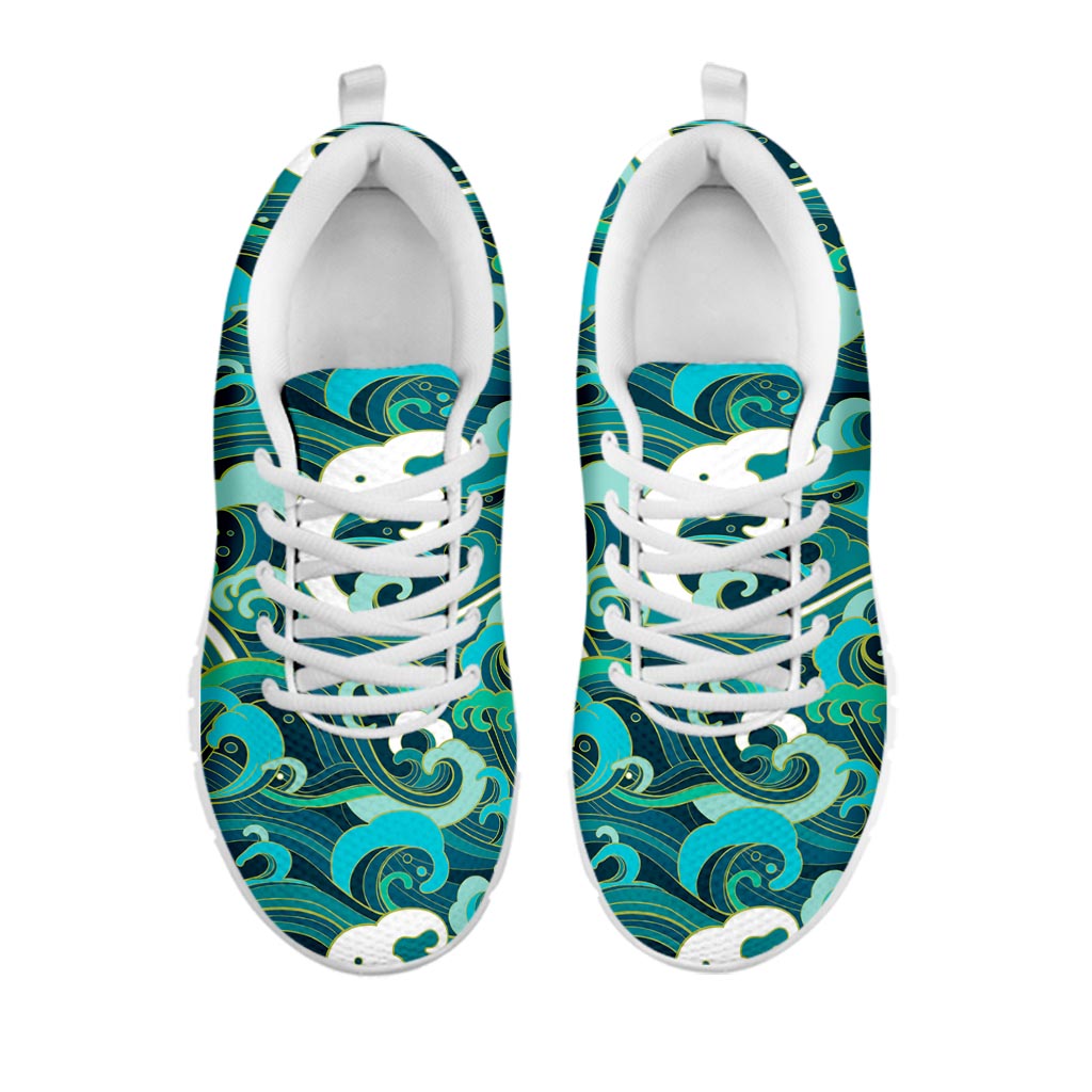 Deep Sea Wave Surfing Pattern Print White Running Shoes