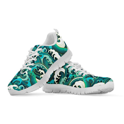 Deep Sea Wave Surfing Pattern Print White Running Shoes