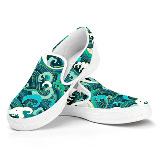 Deep Sea Wave Surfing Pattern Print White Slip On Sneakers