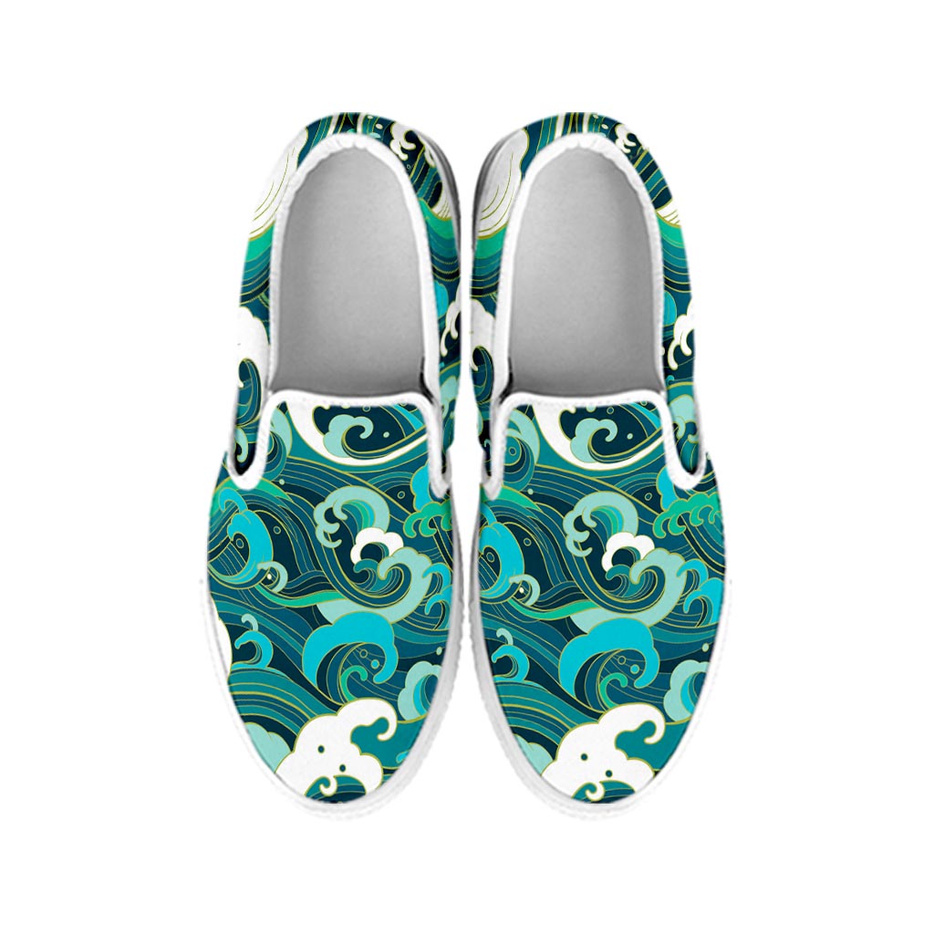 Deep Sea Wave Surfing Pattern Print White Slip On Sneakers