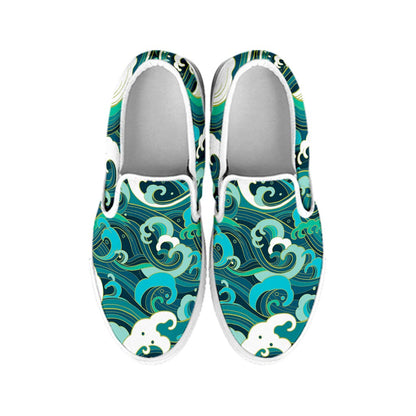 Deep Sea Wave Surfing Pattern Print White Slip On Sneakers
