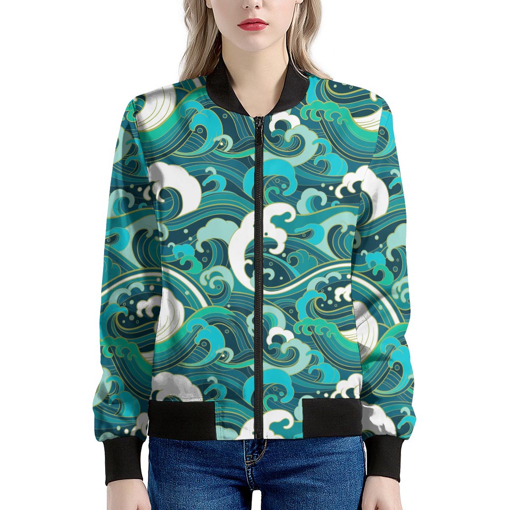 Deep Sea Wave Surfing Pattern Print Women's Bomber Jacket