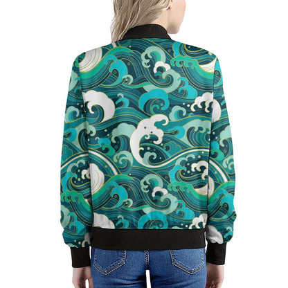 Deep Sea Wave Surfing Pattern Print Women's Bomber Jacket