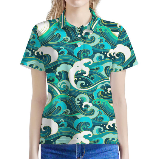 Deep Sea Wave Surfing Pattern Print Women's Polo Shirt