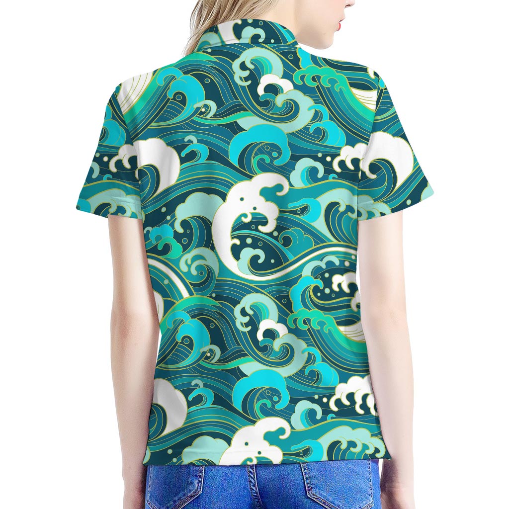 Deep Sea Wave Surfing Pattern Print Women's Polo Shirt