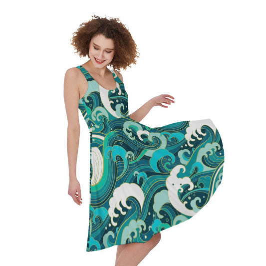 Deep Sea Wave Surfing Pattern Print Women's Sleeveless Dress