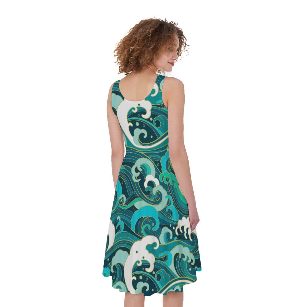Deep Sea Wave Surfing Pattern Print Women's Sleeveless Dress