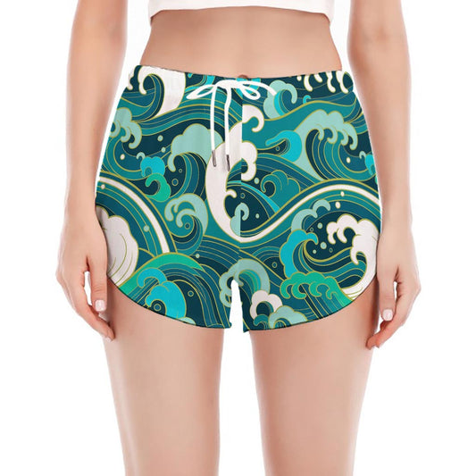 Deep Sea Wave Surfing Pattern Print Women's Split Running Shorts