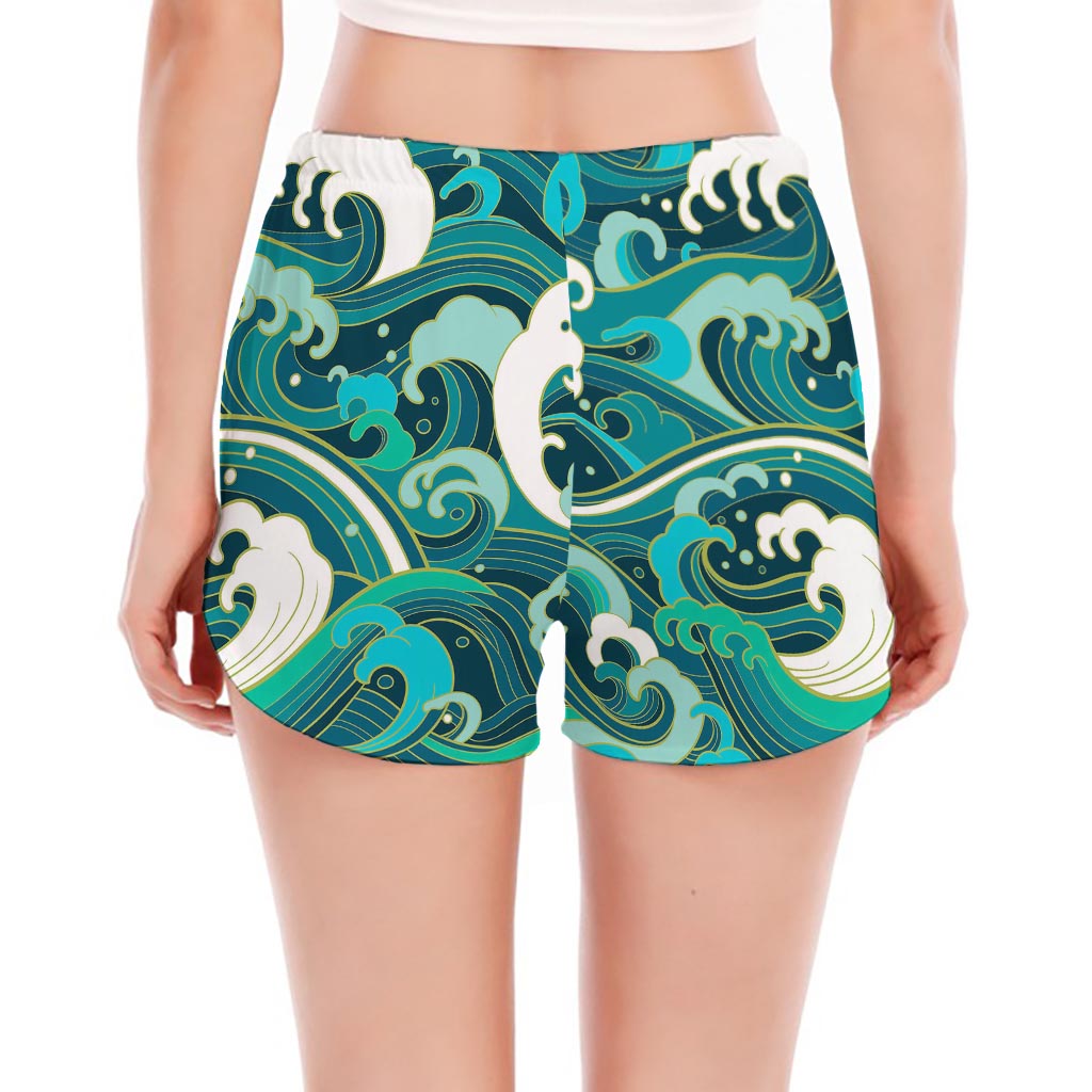 Deep Sea Wave Surfing Pattern Print Women's Split Running Shorts