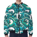 Deep Sea Wave Surfing Pattern Print Zip Sleeve Bomber Jacket