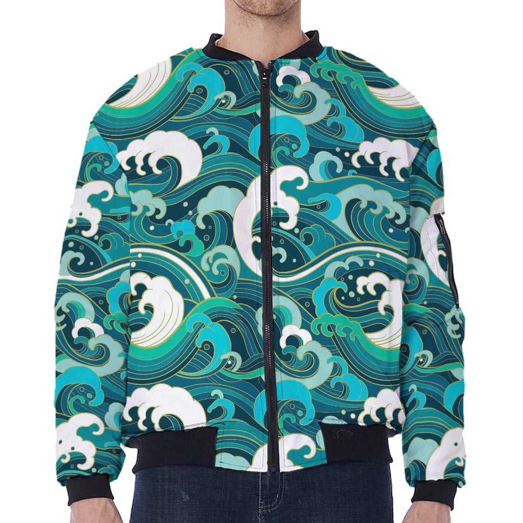 Deep Sea Wave Surfing Pattern Print Zip Sleeve Bomber Jacket