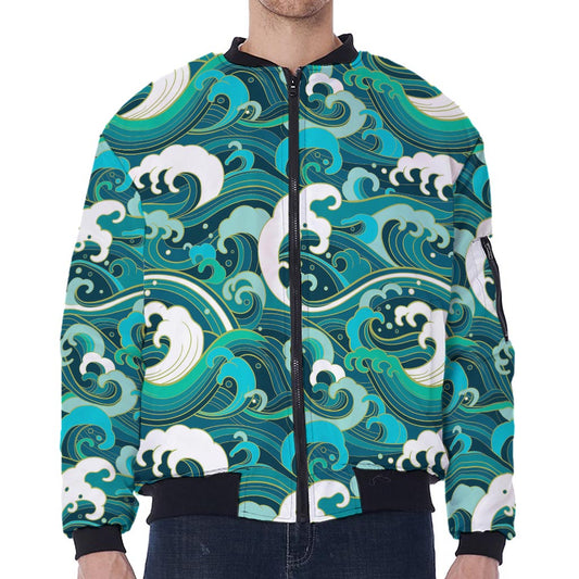 Deep Sea Wave Surfing Pattern Print Zip Sleeve Bomber Jacket