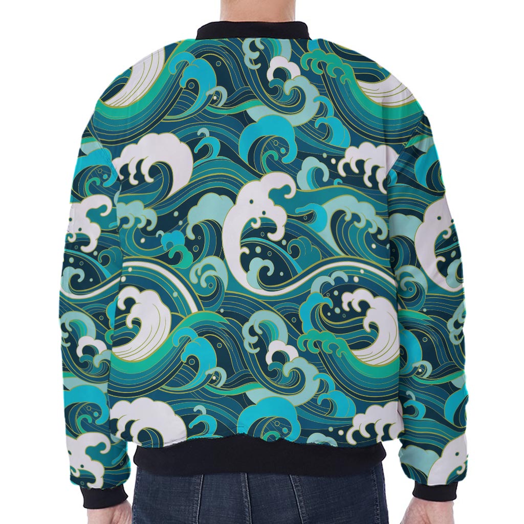 Deep Sea Wave Surfing Pattern Print Zip Sleeve Bomber Jacket