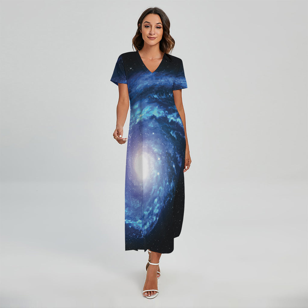 Deep Space Milky Way Print Short Sleeve Maxi Dress